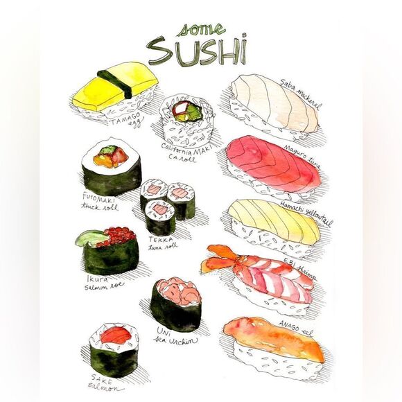 SUSHI WATERCOLOR WALL ART PRINT JAPANESE FOOD CALIFORNIA ROLL UNFRAMED 9x12 - Picture 1 of 6